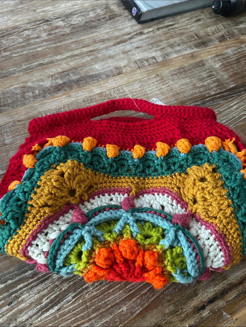 Handcrafted Multicolor Crochet Women’s Bag - Red Handle